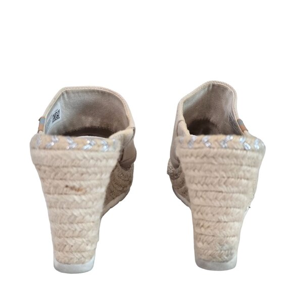 Toms Beige Wedge Espadrille Sandals Womens Size 7 Suede & Fabric Upper Peep Toe - Picture 11 of 13